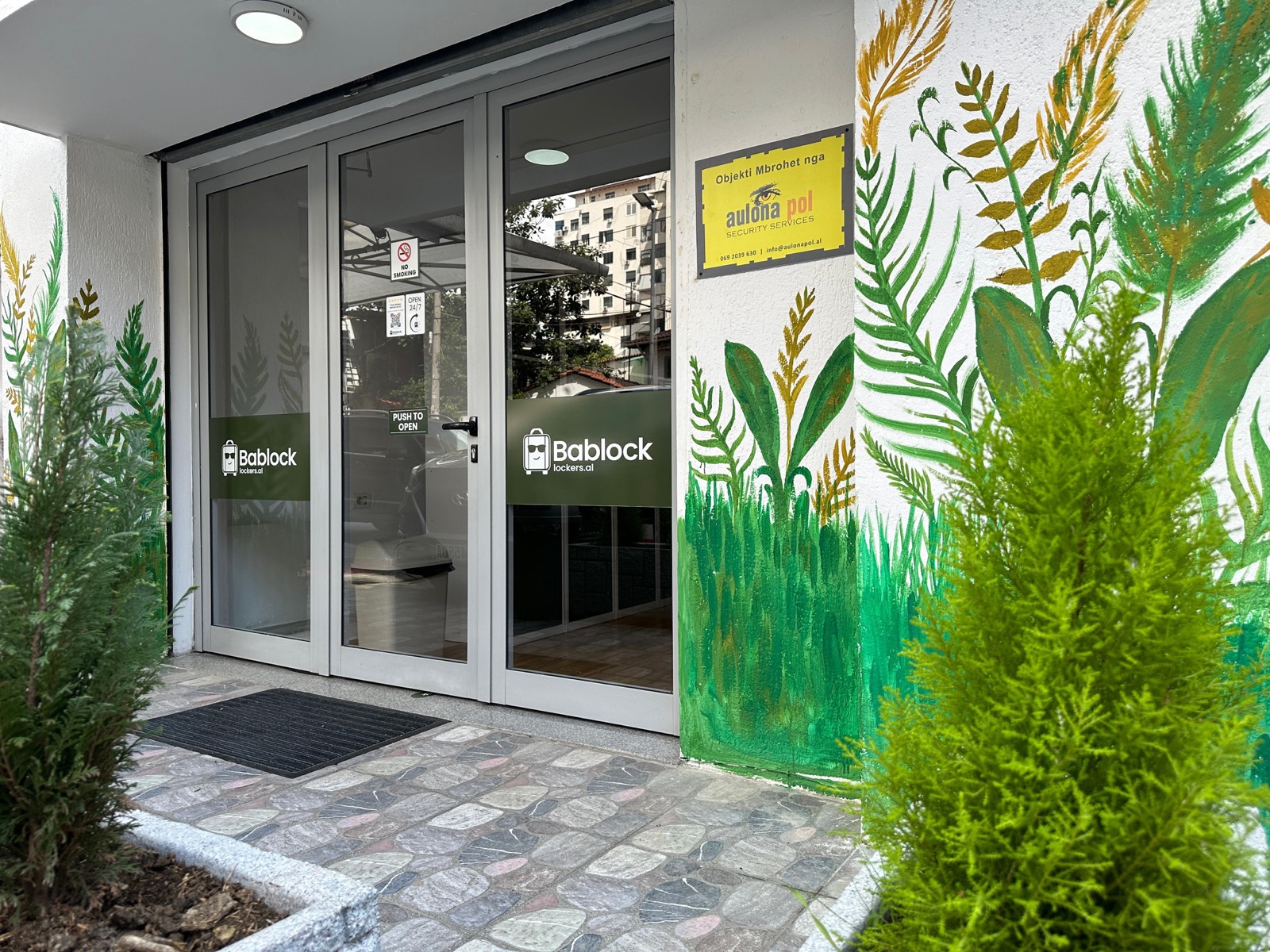 Bablock luggage storage exterior — entrance with Bablock branding in Tirana